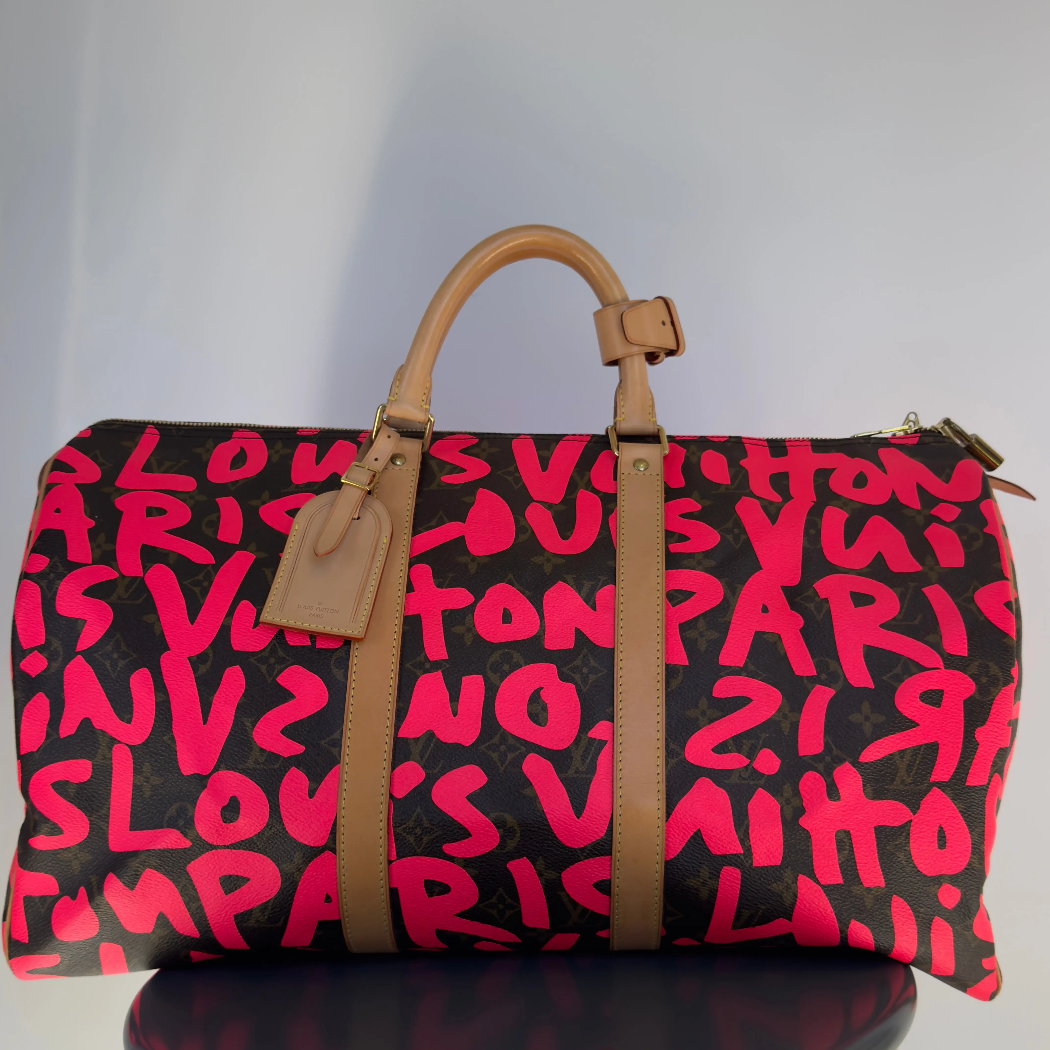 Pre-owned canvas Luggage Accessories Louis Vuitton Stephen Sprouse Monogram Graffiti Keepall 50 Fuchsia