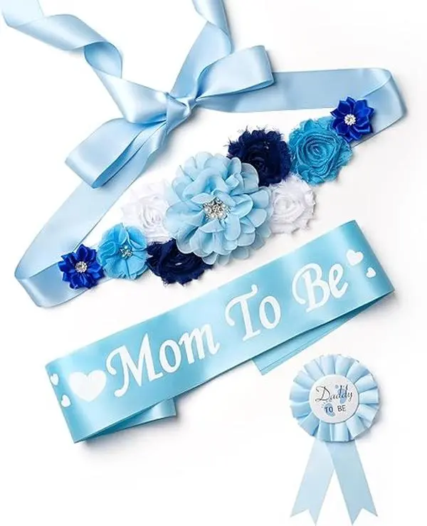 Lake Blue Maternity Sash & Mom/Dad Corsage Kit - Easy Tie-On Pregnancy Keepsake Flower Belly Belt, Crystals & Pearls Accented Maternity Party Accessories, Gender Reveal Men’s Accessories (Home Improvement, Building Supplies, Wallpaper & Wall Trim)
