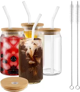 4-Piece Glass Cups Set with Lids and Straws – 16 oz Iced Coffee Tumblers, Perfect for Coffee Bars, Drinking Accessories, and Gifts.