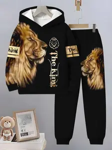 Boys' 3D Lion Head Full-Print Set, Loose Hoodie and Sports Pants Two-Piece, Spring & Fall New Arrival, Casual Slim-Fit Long Sleeve, Clothing Sets