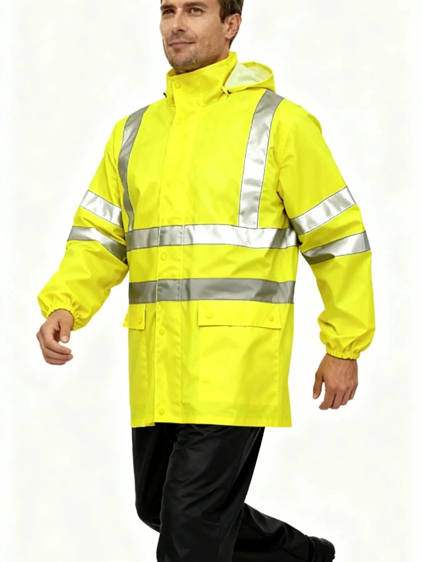 Men's High Visibility Reflective Hooded Raincoat, Waterproof Windproof Fabric, Drawstring Hood Design, Ideal for Transportation, Construction, Fishing