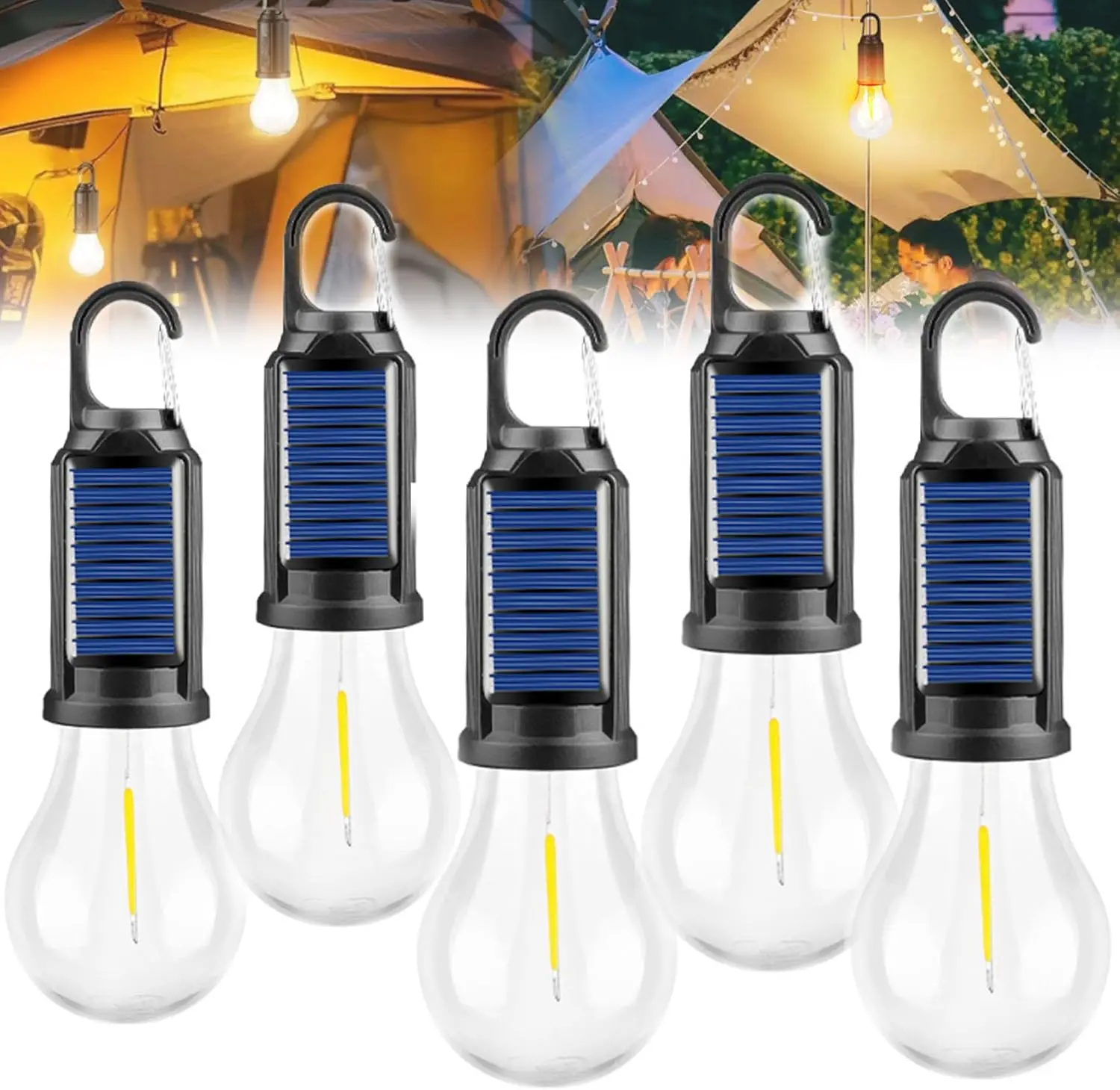 Solar Rechargeable Hooked Camping Light, Solar Tent Lights USB Rechargeable LED Camping Lantern, Outdoor Hanging Light Bulbs, Portable Outdoor Waterproof Emergency Light Bulb