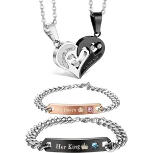 Couples Matching Jewelry Set 4Pcs • Heart Pendant Necklace & King Queen Bracelets • Romantic Valentine's Day Gift for Boyfriend Girlfriend • 316L Stainless Steel His and Hers Jewelry