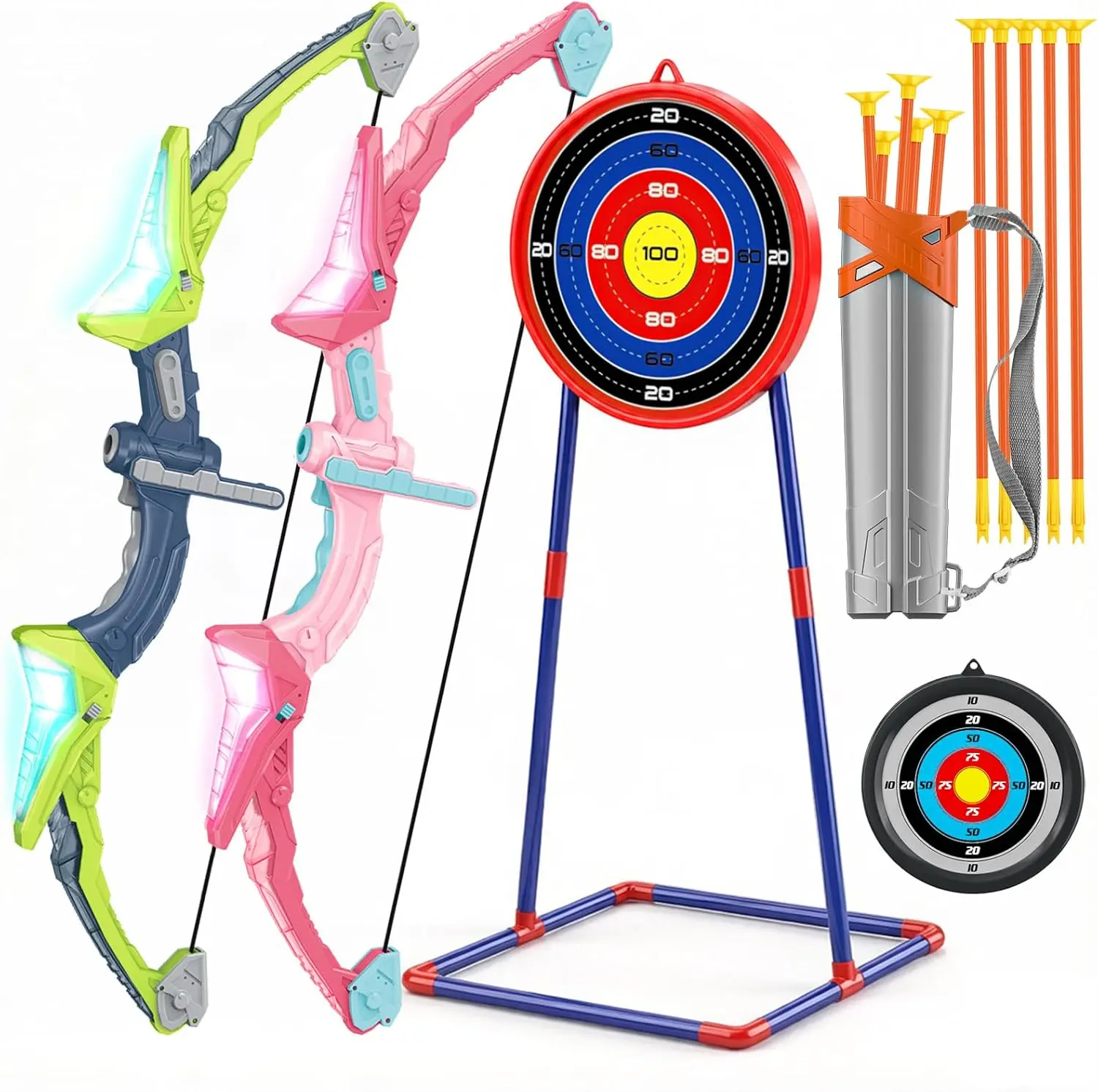 2-Pack Kids LED Bow and Arrow Set with 2 Targets, 10 Suction Cup Arrows & Quiver, Indoor Outdoor Archery Toy Gift for Boys Girls Ages 5-12