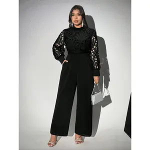 Elegant plus-size women’s lace patchwork waist-cinching jumpsuit, solid color commuter one-piece pants