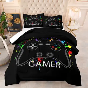 Gamer Paint Splatter Comforter Set,Includes 1 Comforter & 1-2 Pillowcases, Gaming Bedding Set with Classic Controller Print,Vibrant Street Graffiti Style Bedding,Soft for Boys Teens Bedroom Gaming Room Dorm Decor, Quilt Bedding Set