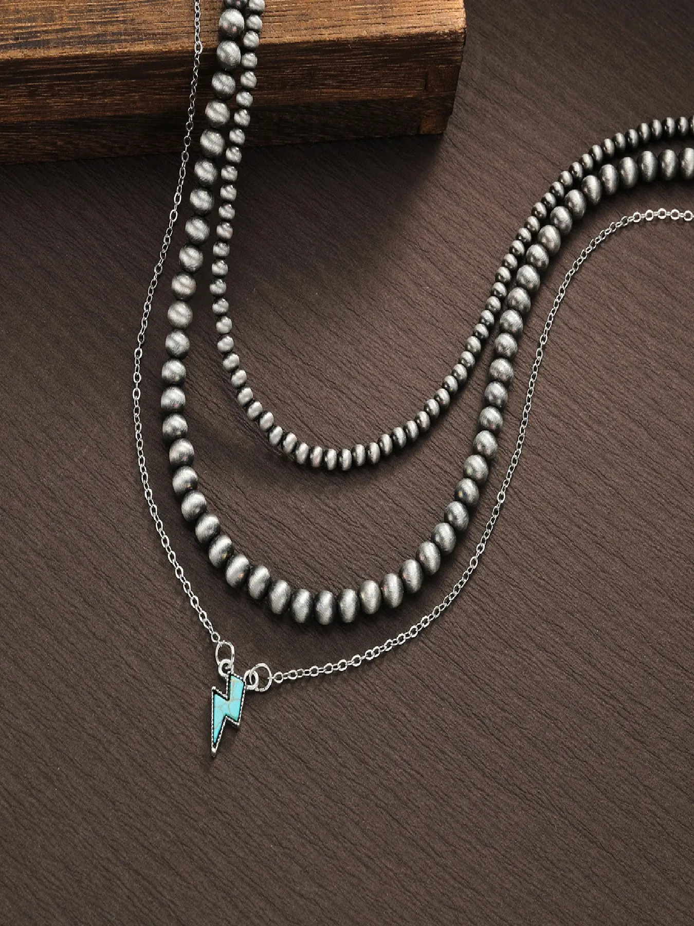 Fashionable Turquoise Lightning Alloy Pendant, Ccb Beaded Layered Necklace Set for Men and Women, Casual Accessory for Commute and Vacation, Fashion Matching Necklace, Costume Jewelry Necklace