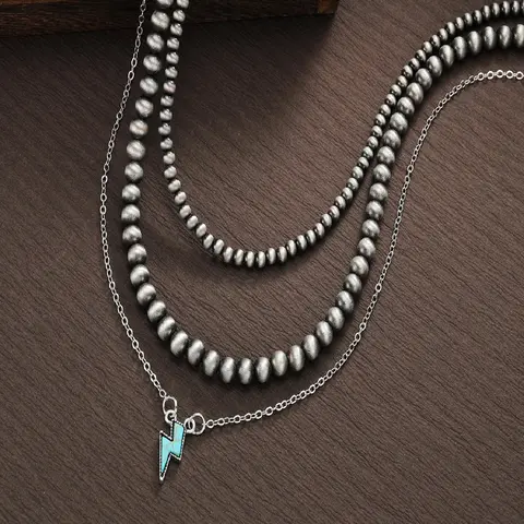 Fashionable Turquoise Lightning Alloy Pendant, Ccb Beaded Layered Set for Men and Women, Casual Accessory for Commute and Vacation, Costume Jewelry Stacking Necklace
