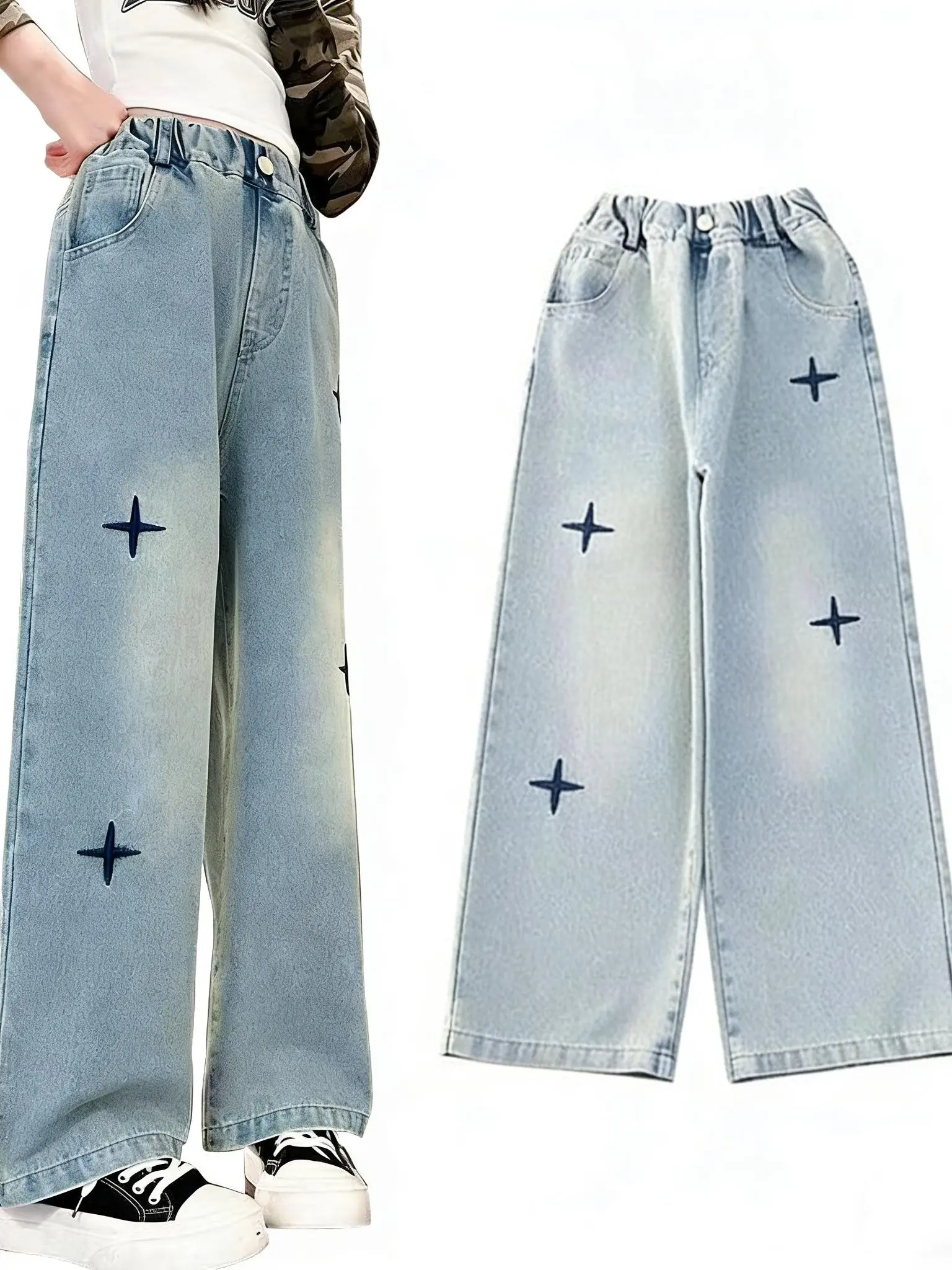 Girls' Star Embroidered Denim Jeans, Comfortable Wide Leg Straight Fit Pants for Spring and Autumn Wear, Embroidered Bottom, Denim Embroidered Jeans, Kids Clothing Girls