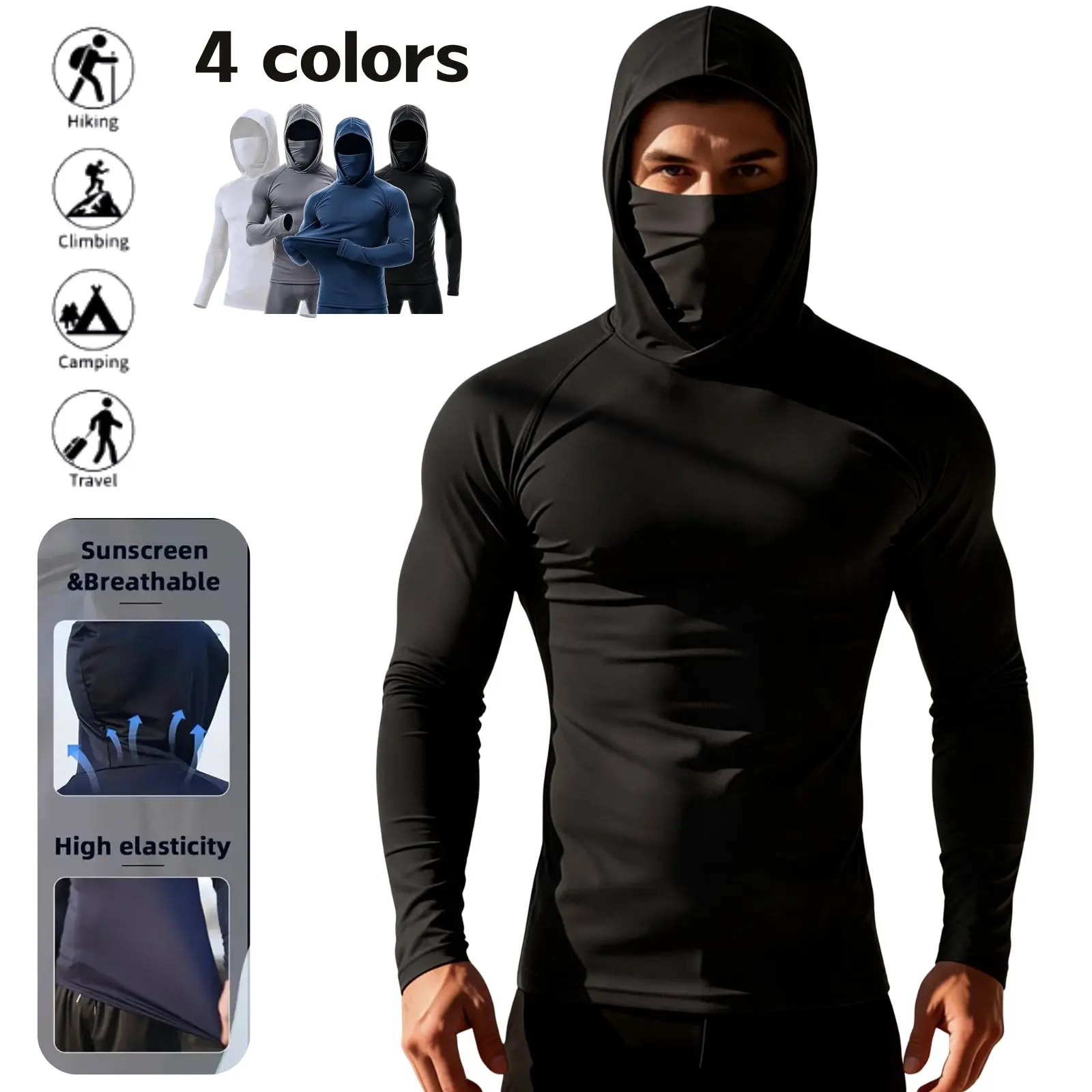 Male Long-Sleeve Hooded Rashguard with Built-In Mask, Moisture-Wicking, Quick-Dry, Suitable for Outdoor Activities Like Fishing, Hiking, Hood And Mask, Activewear, Workout Rash Guard, Standard, Outdoor Wear, Regular Sizes, Top, Standard Fit