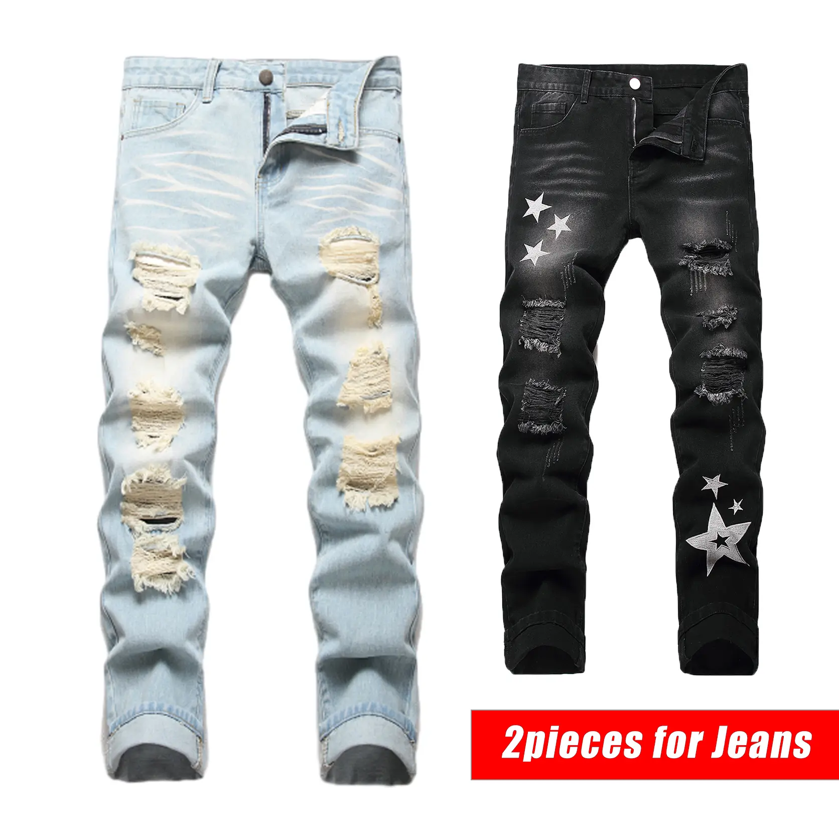 2 Pieces Slim Fit Fashion Jeans For Men, Retro Ripped Embroidered Jeans ,Straight Casual American High Street Long Pants Streetwear Stylish,size 28 jeans Menswear Personalized