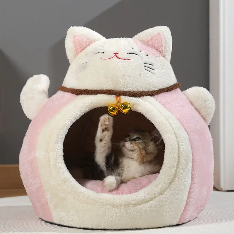 New Lucky Cat Pet Nest Home, Autumn Winter Half-Enclosed Thickened Warm Small Dog and Kitten Kitty Sleep Bed, Cozy Animal Shelter for Cats and Dogs, Bed Built Kennel, Kitten House