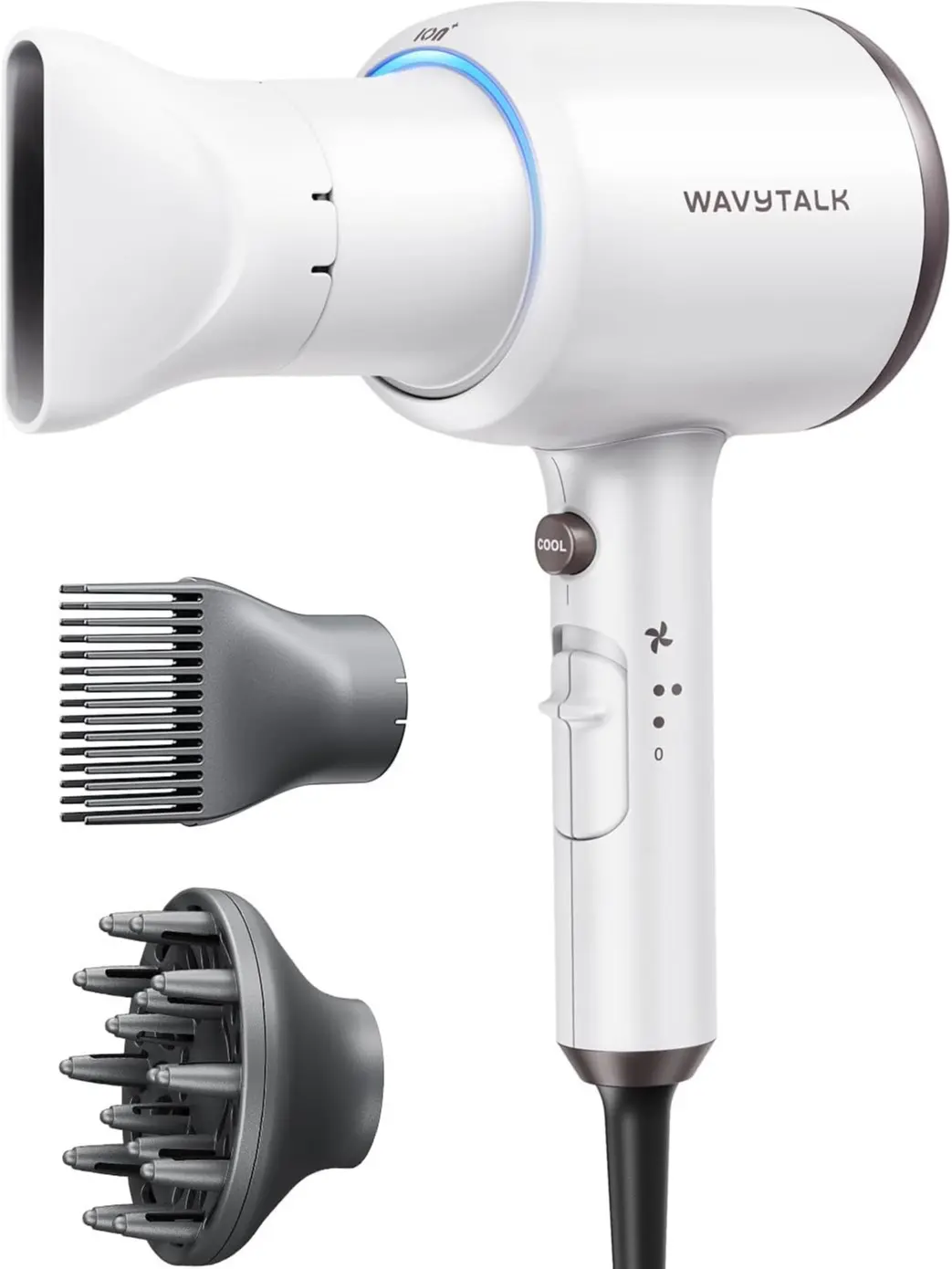 Wavytalk Blown Away Ionic Hair Dryer with Diffuser for Curly Hair | 1875W Fast Drying, 3 Attachments for All Hair Types, Ceramic Healthy Shine, Lightweight & Quiet (White)