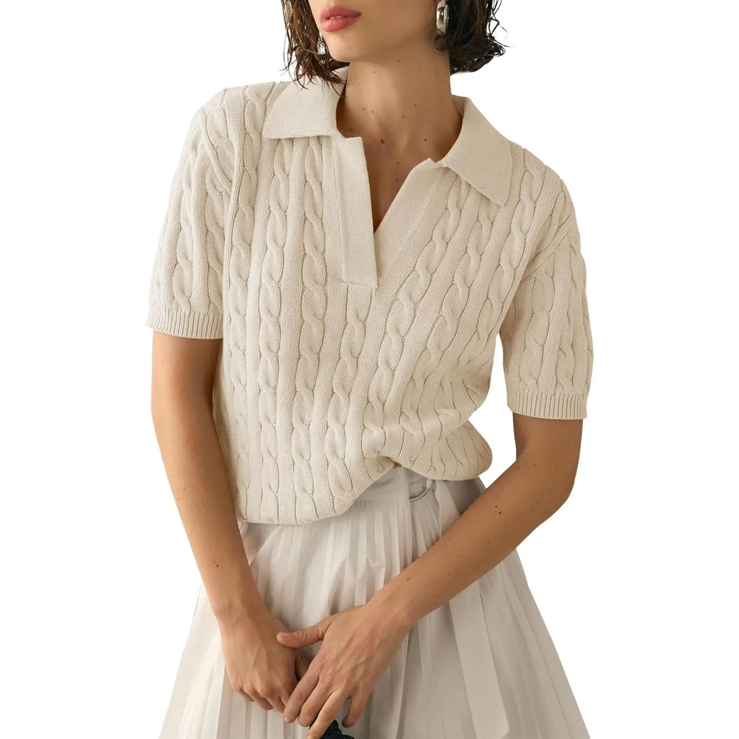 Saodimallsu Women's Minimalist Cute Cable Short-Sleeve V-Neck Lapel Knit Pullover, Soft Solid Casual Women's Clothes Top for Daily Wear,back to school,back to school shopping, Knitwear
