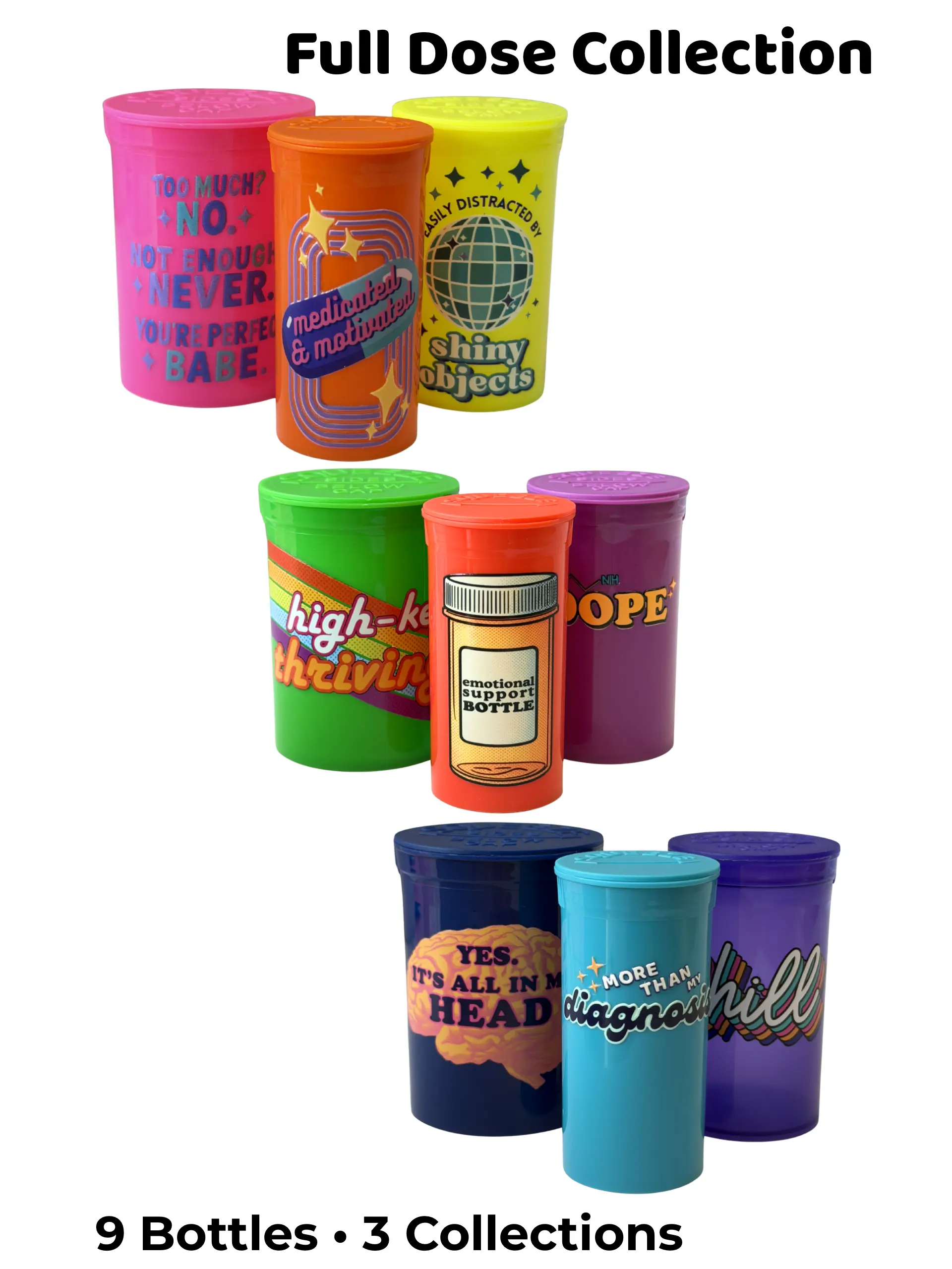 The Happy Pills Co. Full Dose 9-Piece Pop-Top Novelty Storage Bottles - Colorful Pill Dispenser Containers for Small Item Organization & Decor Healthcare