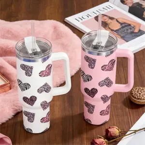 40oz Stainless Steel Vacuum Insulated Water Bottle with Handle and Straw, Stylish Leopard Heart Element, Suitable for Travel, School, Car Use