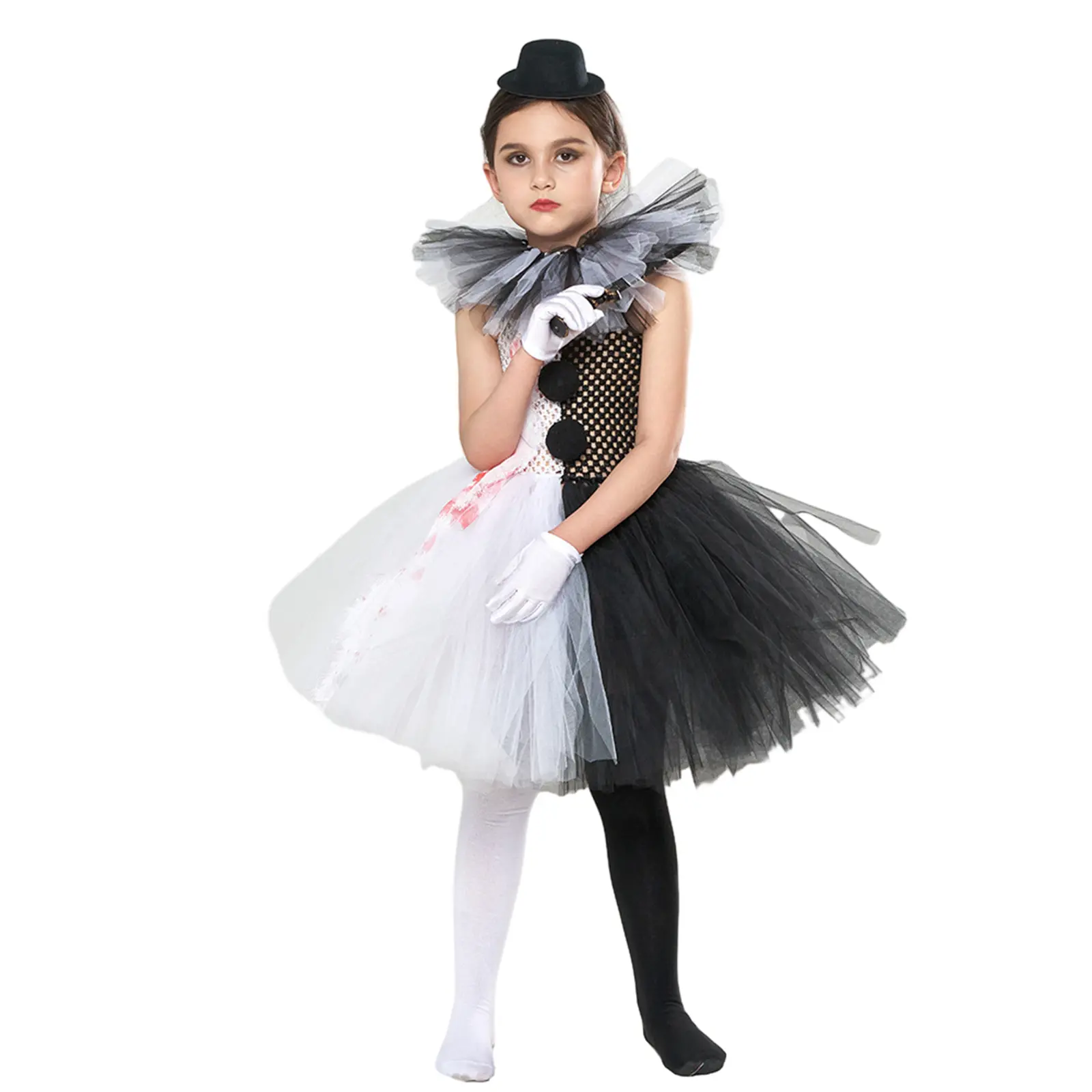 Girls' Scary Clown Costume Set, Patchwork Tulle Tutu Dress with Socks and Gloves for Halloween Cosplay, Sizes S-2XL