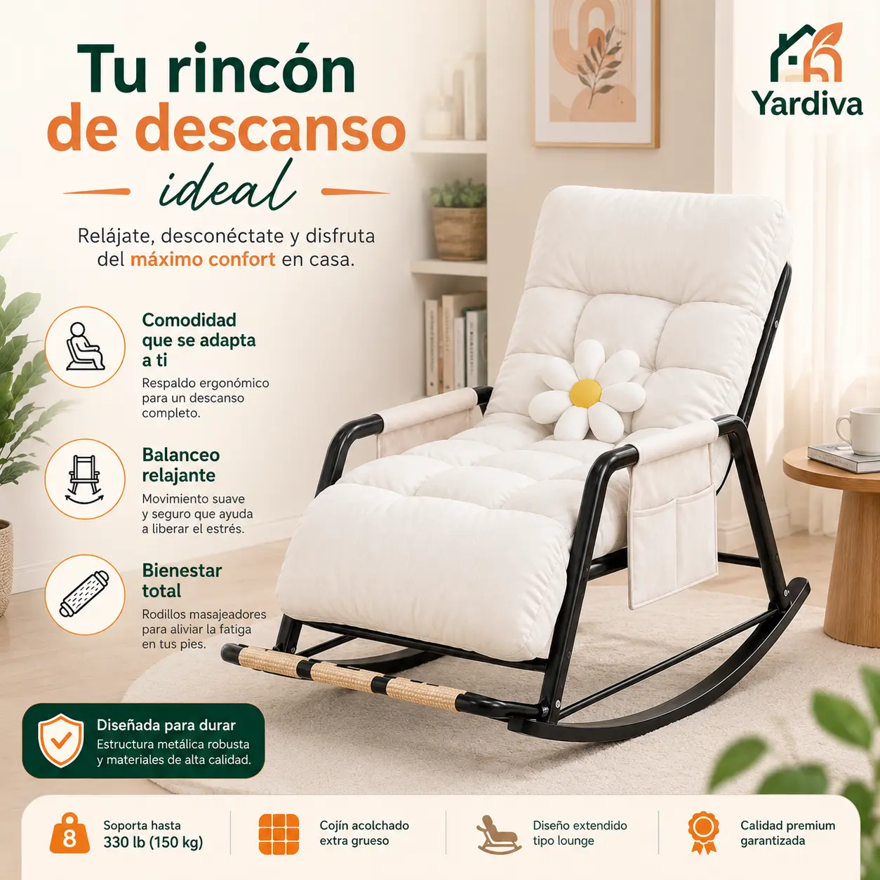 Yardiva Oversized Fixed PU Leather Upholstered Rocking Chair for Adults - High Back Metal Rocker with Footrest Massage Rollers, Side Pocket, Tufted Cushion - Indoor Lounge for Living Room, Reading Nook, Orange