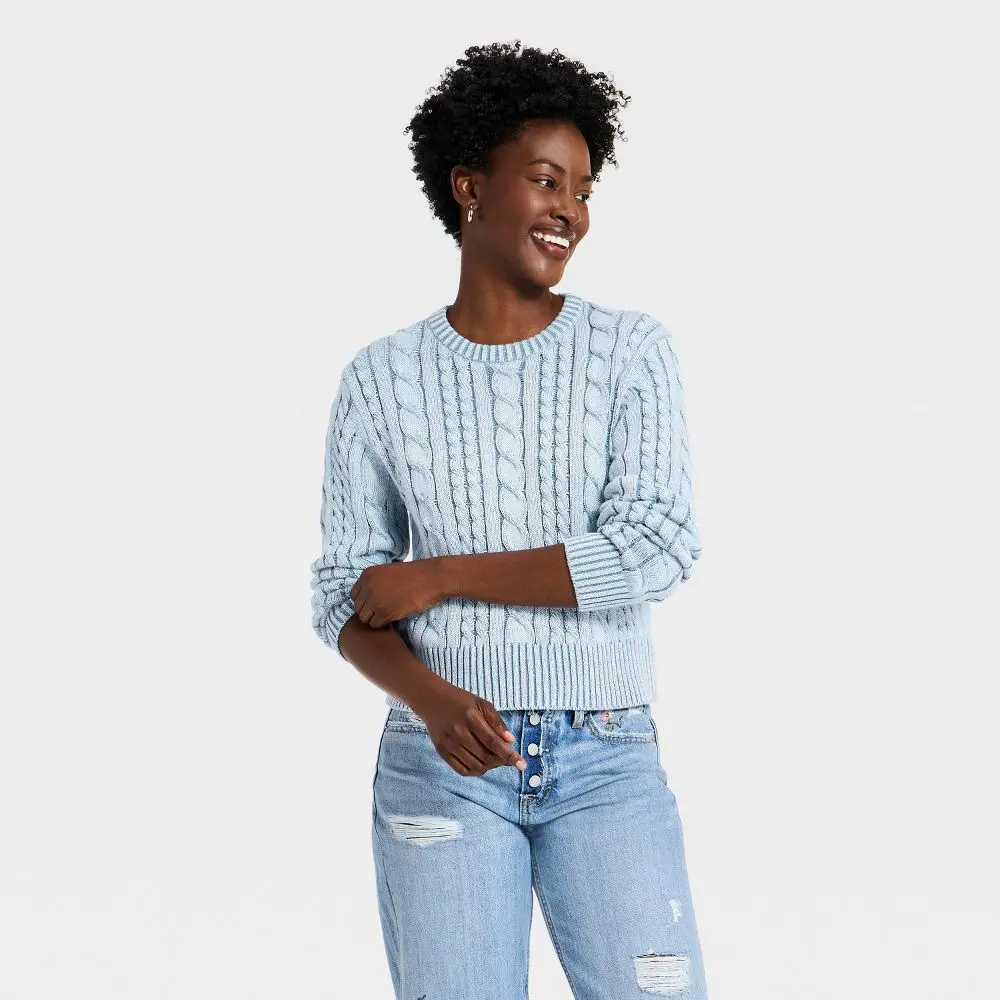 Women's Western Cotton Long Sleeve Cable Knit Crewneck Pullover Top - Regular Fit Basic Knitwear with Ribbed Details and Soft Fabric