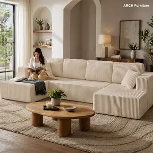 U-Shaped Upholstered Sectional Sofa - Modern Minimalist Corduroy Reversible Modular Sleeper Couch with Extra-Wide Seats, Large Seating Area, Square Armrests, Space-Efficient for Indoor Living Rooms (Beige, Modern Sofas), Reversible Modular Sofa