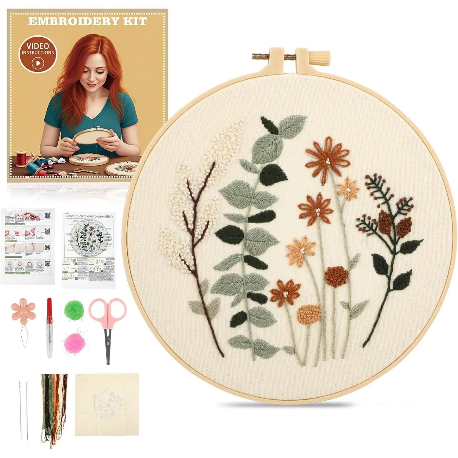 Nature-Inspired Beginner Adult Embroidery Kit - Cross Stitch Set with Nature Theme Patterns, Color Threads, Fabric, Full-Range Accessories, Easy-to-Follow Instructions, Video Tutorial (Flower Design)