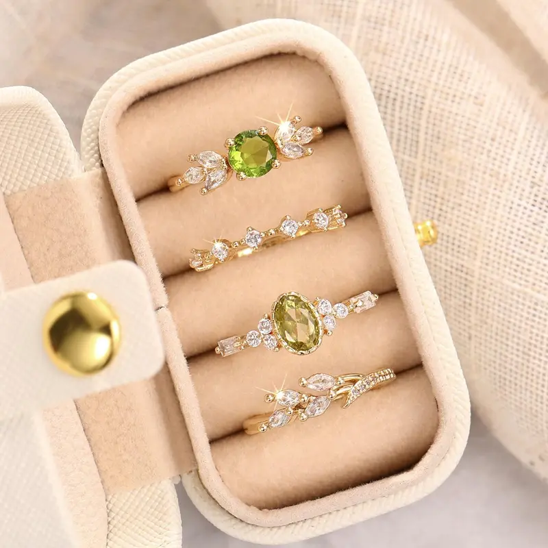 Women's Elegant Rhinestone & Green Artificial Zirconia Decorated Zircon Inlaid Ring Set, Unique Rings, Beautiful Rings, Synthetic Zircon Rings, casual ring, Jewelry for Women As Gift, with Box, Gifts for Her, Trendy Jewellery Accessories