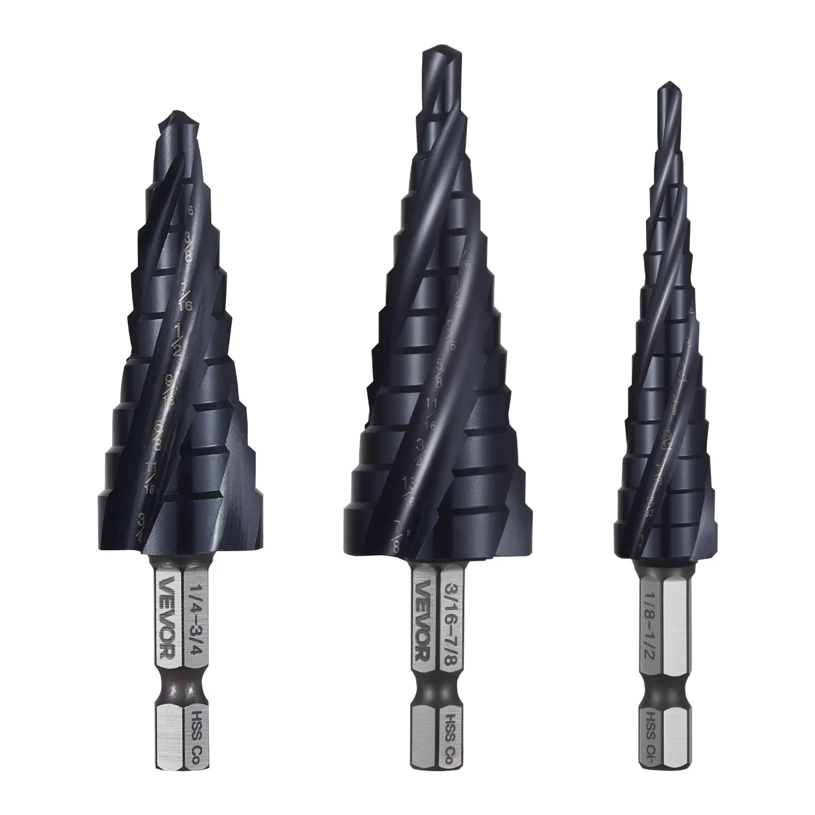 VEVOR 3-Piece Step Drill Bit Set, TiAlN Coated Cobalt HSS with 118° Tip, 1/8-7/8 in & 3/16-7/8 in 12-Step Bits, 1/4 in Hex Shank Hardware Tool Accessories for Metal Sheets, Stainless Steel, Fits Standard Drills (Father's Day Gift Option)