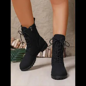 Women's Waterproof Ankle Boots, Side Zipper Design, Lace-Up Combat Boots for Walking & Work, Stylish Leather Platform Short Booties Girl Footwear