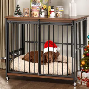 Dog Crate Furniture, 32’’ Wooden Dog Kennel Indoor with Sliding Front Door, Multi-Side Openings & Feeding Window Pet Cage House as TV Stand, End Table M Size