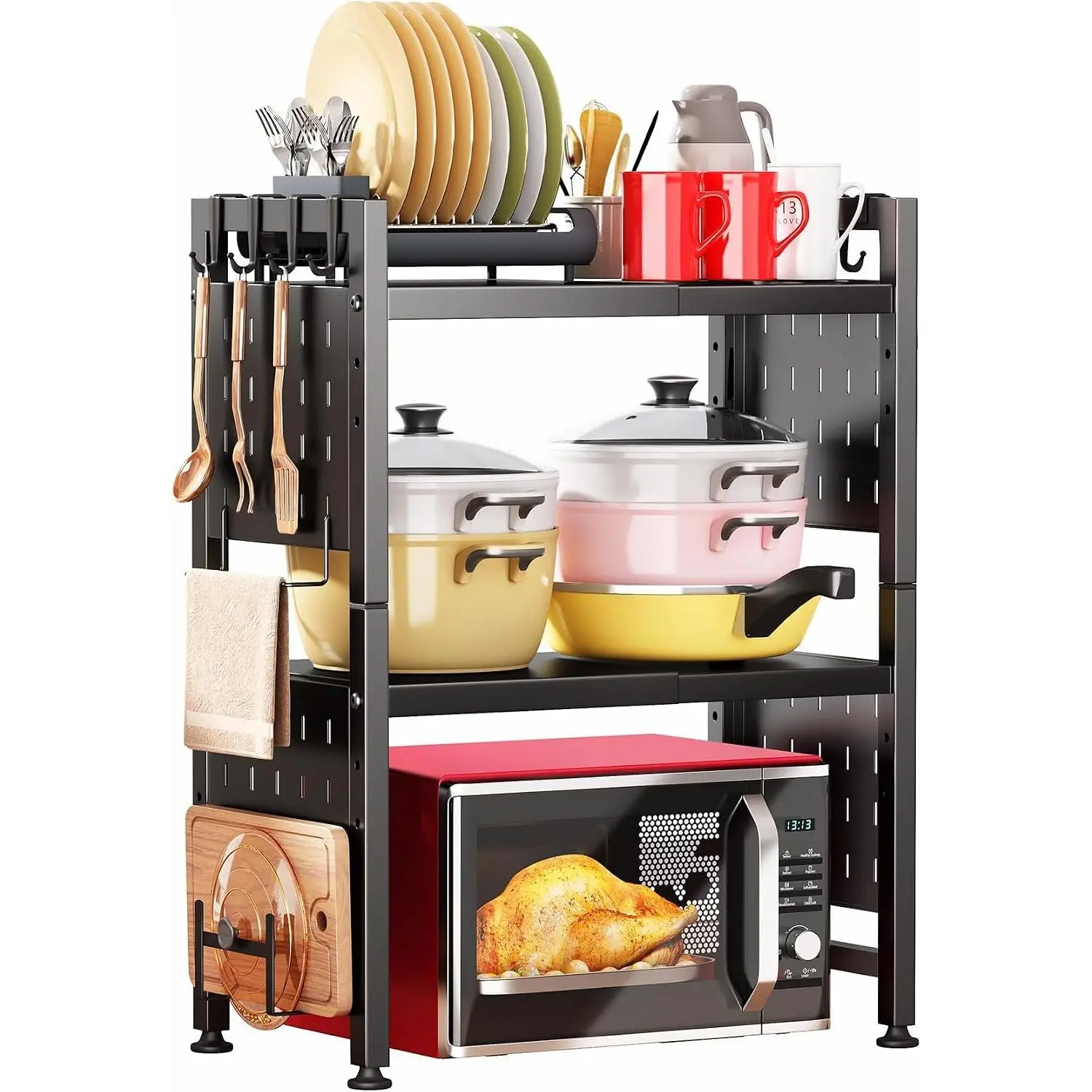 Microwave Stand, 3-Tier Expandable(17.4"- 27.4") Heavy Duty Adjustable Shelf Microwave Oven Rack, Kitchen Countertop Organizer and Storage with 9 Hooks & Cutting Board Holder, Holds up 180 lbs, Black
