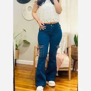 Lady's High-Waist Control Waist Streetwear Cargo Jeans - Colombian Denim Power Stretch Casual Bottoms, Light Blue Ochentero Bell Bottoms, Sizes 6-16