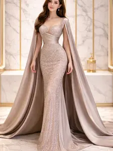 Women's High-end Glamorous Dress With Lace Detail & Long Cape for Summer Weddings in Picture Color Available in 2-26W Sizes Long Sleeve Polyester Fiber Plain Style