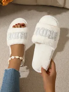 Bride Plush Slippers, Pearl Letter Design, Cross Strap, Perfect for Singles Party, Wedding, Comfortable and Stylish Footwear, Rubber