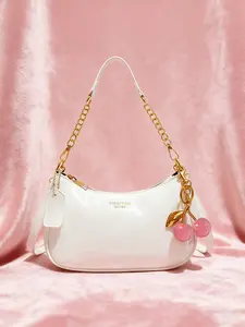 Autumn Winter Vintage Fashion Elegant Letter Pattern Shoulder Bag, Crescent Moon Crossbody Bag with Chain Strap, Cherry Pendant Decor, Handbag Casual Shoulder Bag
