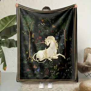 Vintage Unicorn Flannel Throw Blanket, Medieval Tapestry Art Soft Cozy Warm Blanket, Mythical Fantasy Statement Piece for Sofa Bedroom, Gift for Her Women, Enchanted Forest Nap Blanket for Office Travel, Holiday Home Decor