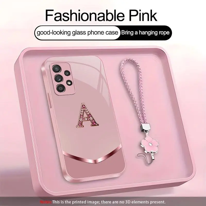 Suitable for [Galaxy A52 5g] high-end women's phone case🤩，a beautiful four-leaf clover lanyard is included🍀，simple yet sophisticated design, 26 English letters to choose from, printable patterns, non-glittery diamonds YM99