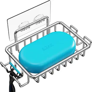 Bar Soap Holder for Shower Wall with 4 Hooks, Stainless Steel Adhesive Soap Dish for Bathroom, Silver