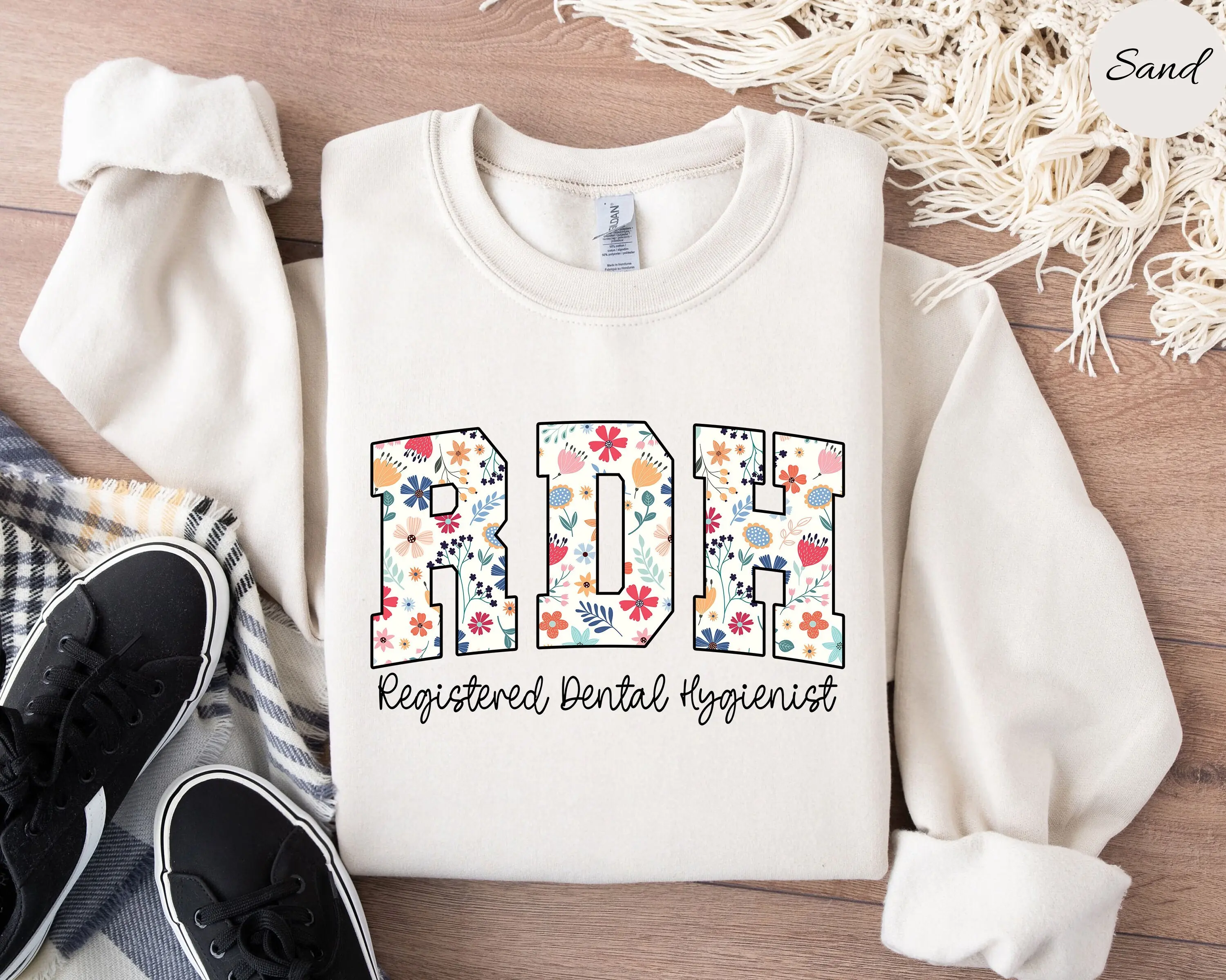Floral RDH Short Sleeve T-Shirt / Sweatshirt / Hoodie, Flower RDH Shirt, Registered Dental Hygienist , Rdh tee shirt Cotton Fabric