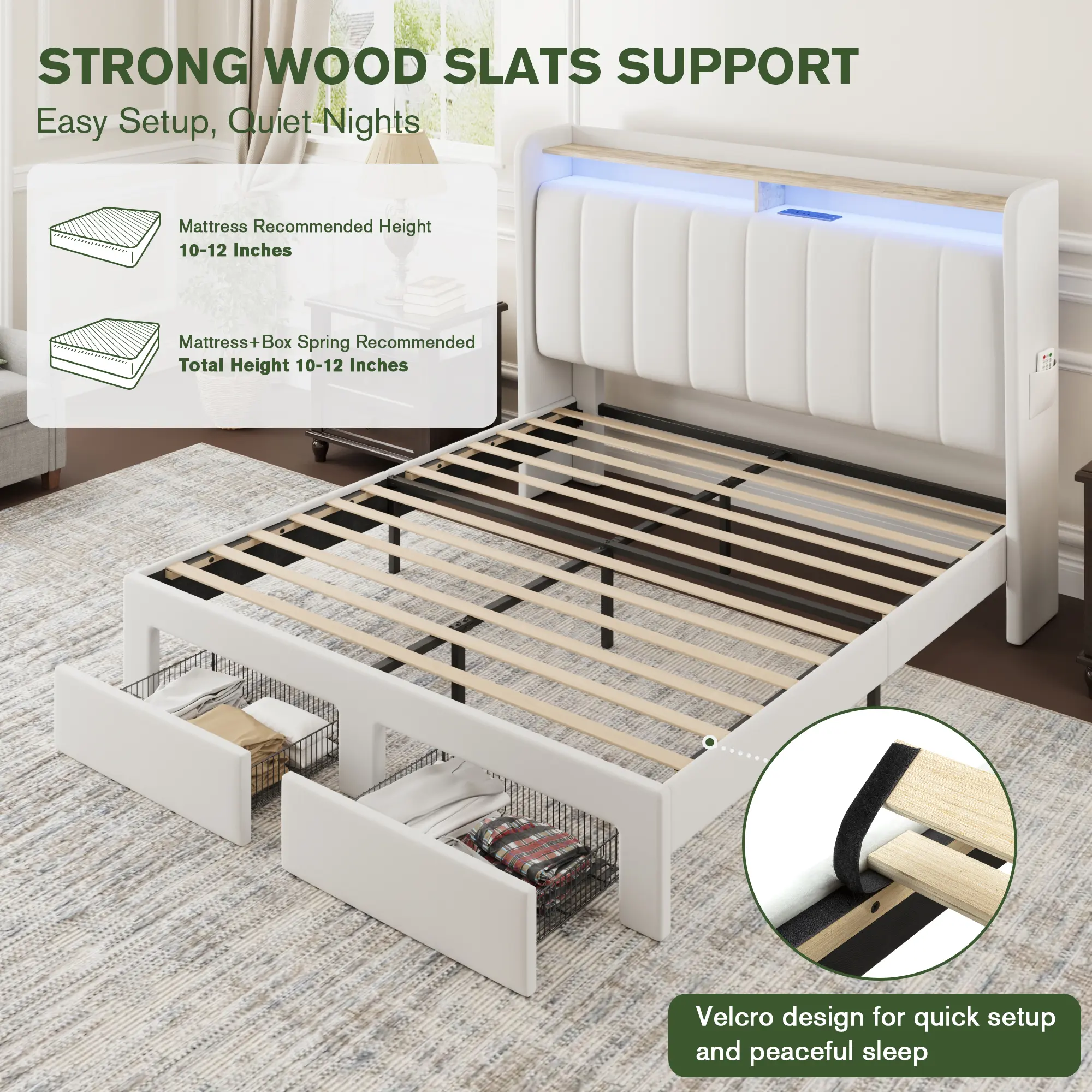 MUTICOR Upholstered Bed Frame with LED Shelf Headboard & 2 Drawers, Linen or Velvet Fabric, Smart Outlets,Full/King/Queen Bed Frame, No Box Spring Needed#TikTokShopDealsforYouDays#DealsforYouDays#Summervibes#Summergarden