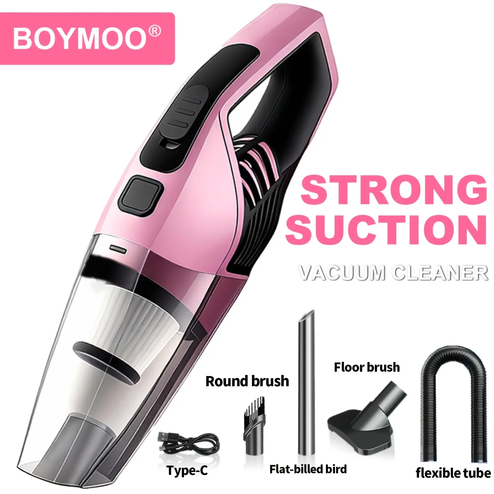 Handheld vacuum cleaner with attachments for crevices and flat surfaces, suitable for cleaning cars, homes, and offices; multifunctional design with portability.Car accessories designed specifically for women, car supplies gifts