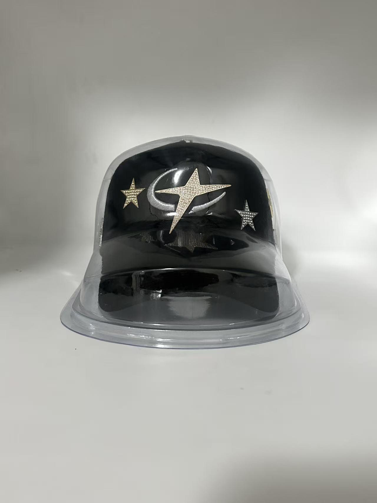 Rhinestone Star Moon Streetwear Snapback Hat - Black Embroidered Hip Hop Baseball Cap, Unisex Adjustable Urban Street Style Headwear