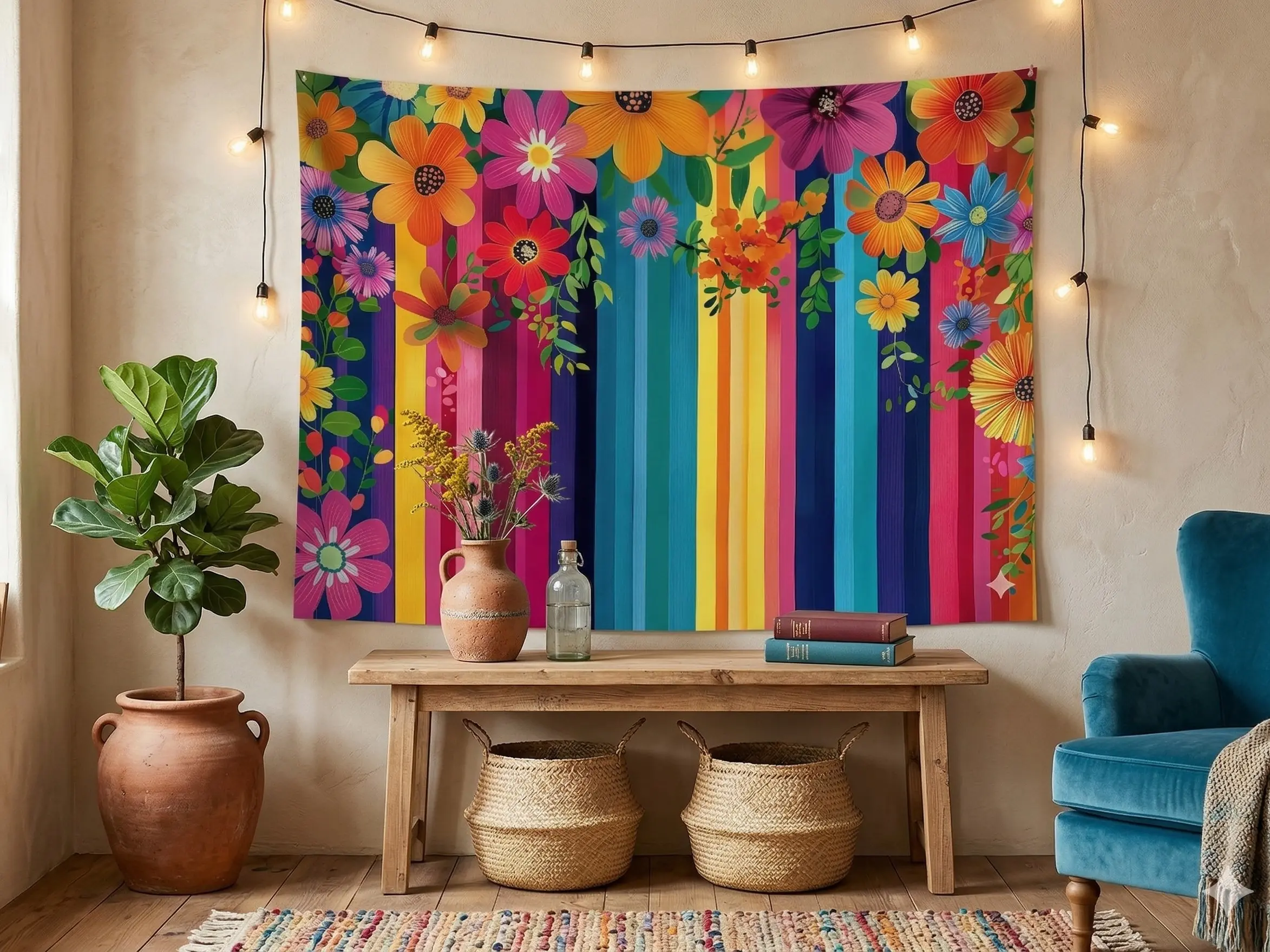 1PC Polyester Boho Floral Tapestry - Multicolor 2D Vibrant Striped Wall Hanging, Bohemian Home Decoration, Reusable Birthday Photo Booth Backdrop for Bedroom Dorm,summerwins