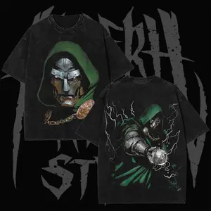 Retro 90s Dark Armor Emperor Dr.Doom Graphic T-Shirt – Vintage Villain Sorcerer Washed Cotton Comic Inspired Streetwear Tee, Hooded Mask Unisex Shirt, Gift for Him, Gift for Fan