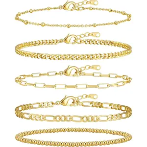 h-5  Gold Bracelets for Women, 14K Gold Plated Stackable Bracelet Stack Set Adjustable Charm Paperclip Chain Cuban Link Layered Waterproof Jewelry Sets Gifts for Womens