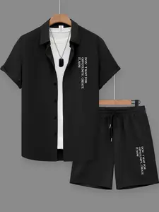 Men's Black Slogan Print 2-Piece Cozy Loungewear Set, Pajama Set, Short-Sleeve Lapel Shirt with "DON'T WAIT FOR OPPORTUNITY" Graphic, Elastic Drawstring Waist Shorts, Breathable Fabric, Relaxed Minimalist Style, At-Home Lounging, Casual Evenings, Homewear