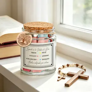 1 Set Spanish Emotional Bible Verse Jar with Color Coded Scripture Cards, Inspirational God’s Word Notes in Spanish for Different Moods, Christian Religious Gift, Simple Border Print & Tree of Life Charm, Cork Lid Glass Prayer Jar