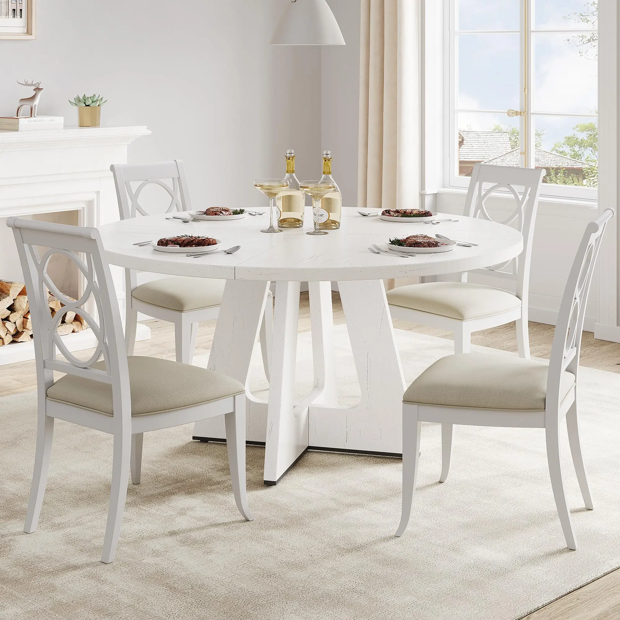 Garvee 47-Inch Round Large Dining Table Set for 4 to 6, Farmhouse Dinner Table With Wooden Top and Legs for Home Dining Room or Living Room (White), Dining Tables, Heavy-Duty Structure Dining Room Furniture
