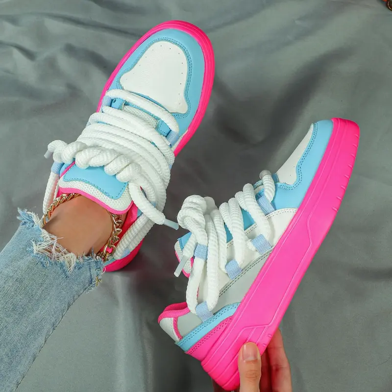 Women's Fashionable Patchwork Lace Up Low Top Trendy Walking Sneaker, Casual Lifestyle Sneaker, Casual Comfortable Breathable Sports Shoes, Female All-match Round Toe Shoes for Daily Wear, Stylish Casual Sneakers, Colorblock Sneakers