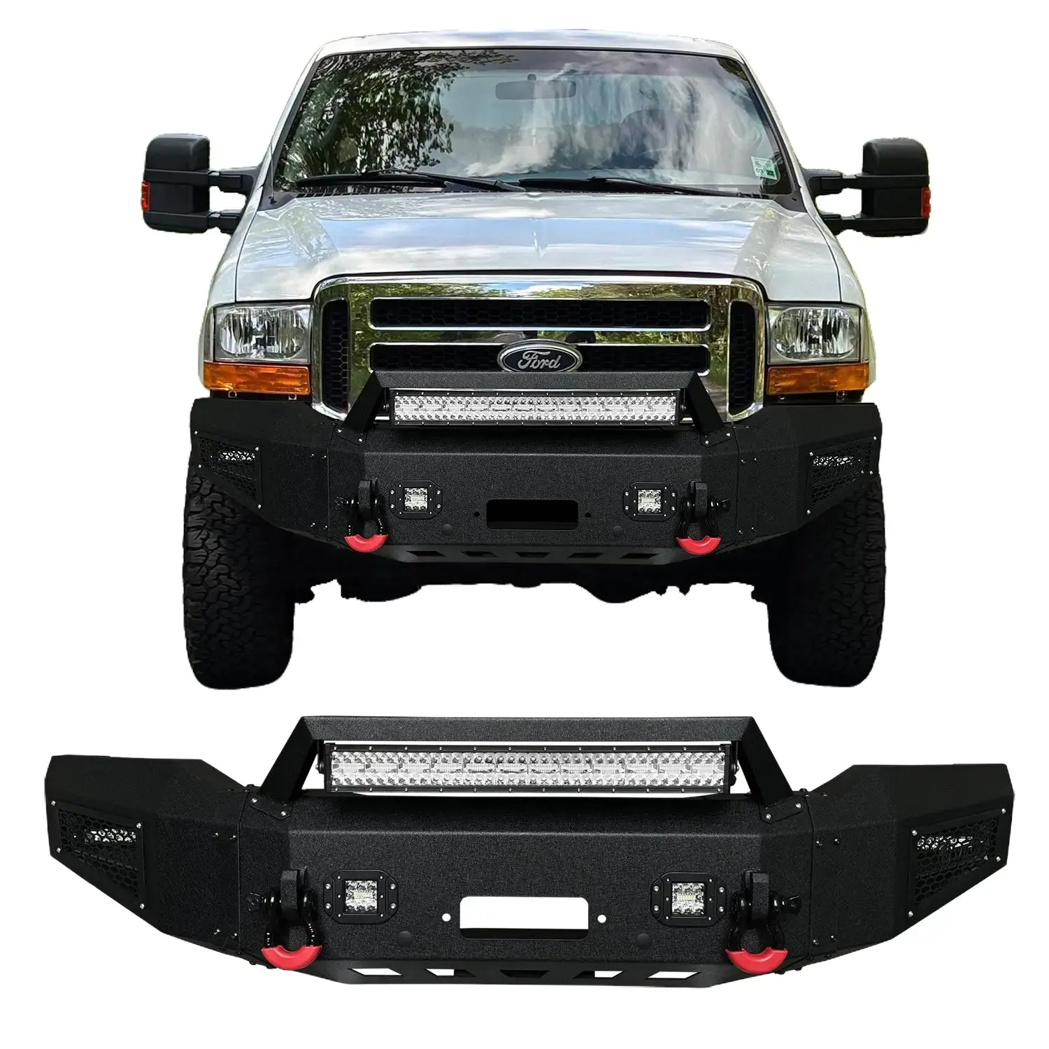 Vijay Custom Fit Steel Front Bumper with Black Texture Finish for 1999-2004 Ford F250/F-350 Super Duty, Automotive Car Accessory, Performance Winch Plate, 2 D-Rings, D-Ring Mount, LED Lighting, Easy Self-Install Screw Setup