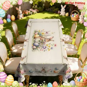 Easter Themed Tablecloth with Cute Rabbit, Easter Egg and Flower Floral Patterns, Decoration, Suitable for Decorating Living Rooms, Kitchens, and Dining Rooms, Creating A Warm Festive Atmosphere and Enhancing Home Aesthetics
